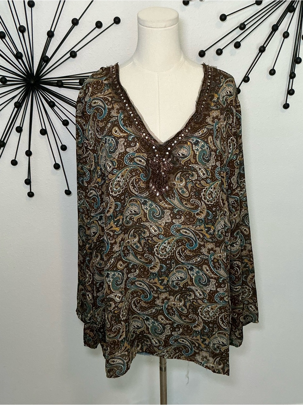 Metro 7 Paisley Beaded Sleeveless Tunic Top Brown Blue Boho Y2K
